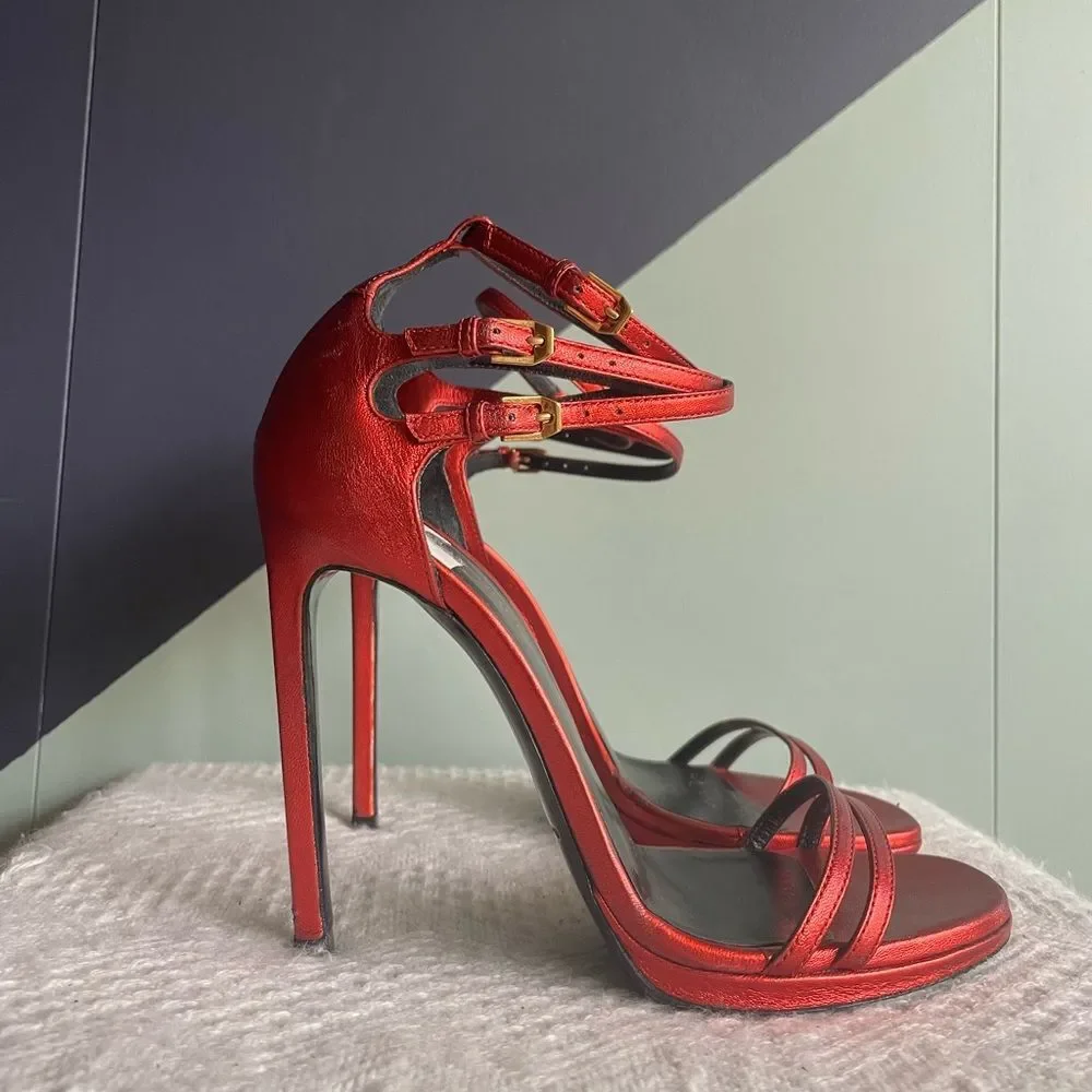 Saint Laurent / YSL Strappy Heeled Sandals, Metallic Rouge Orient, Size 37 - Picture 2 of 11